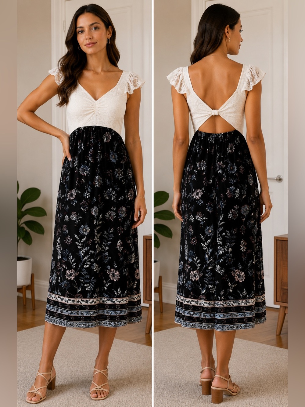 Navy Floral Midi Dress White Crochet Lace Open Back Flutter Sleeve